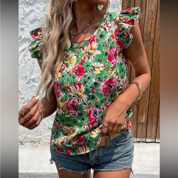 Boho Floral Paisley Print Ruffle Sleeve Top Blouse Shirt Pink - Picture 4 of 10